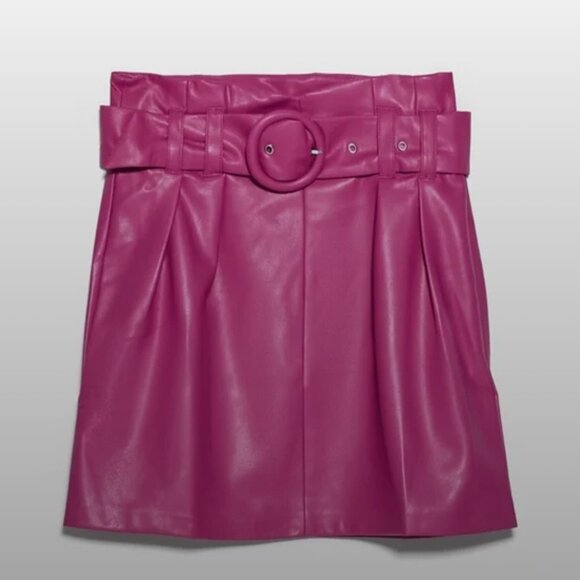 ZARA Vegan Leather Skirt - Belted, High Waisted, Fuchsia Pink - Sz Small - Picture 3 of 7